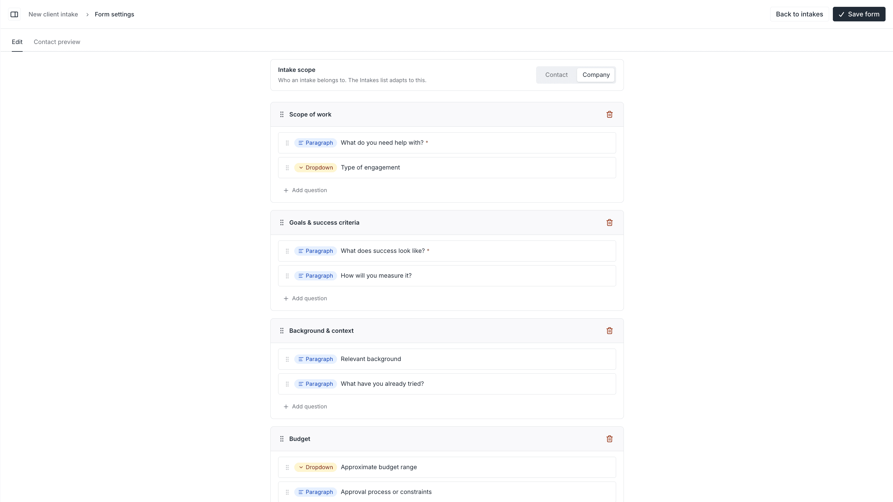 Client intake form screenshot